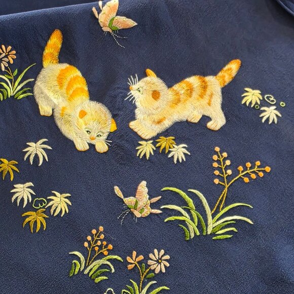 Vintage Blue Embroidered Kittens Scarf Whimsical Novelty - Picture 5 of 9